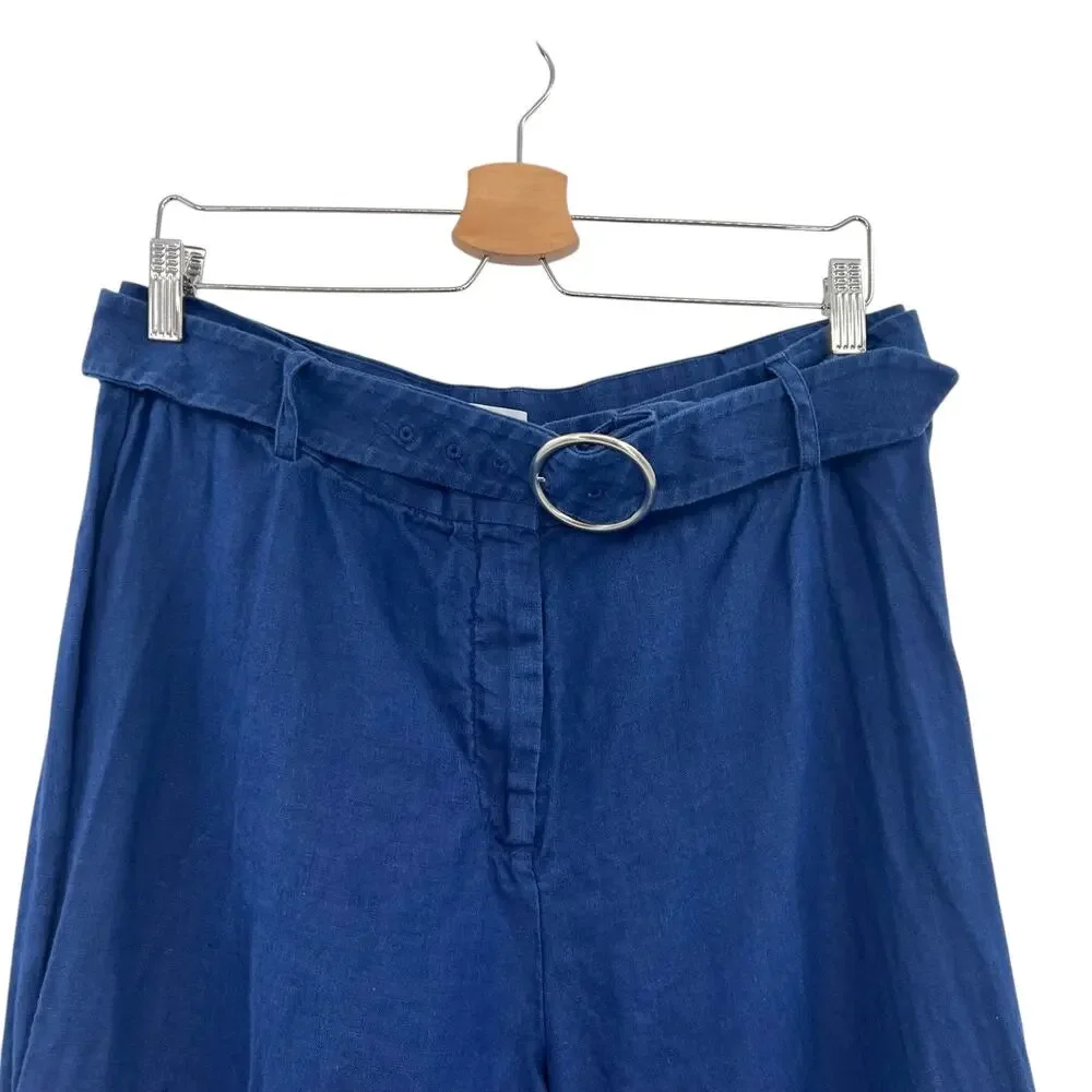 Reformation Ace Linen Pant Wide Leg Trousers Belted Blue‎ Size 8